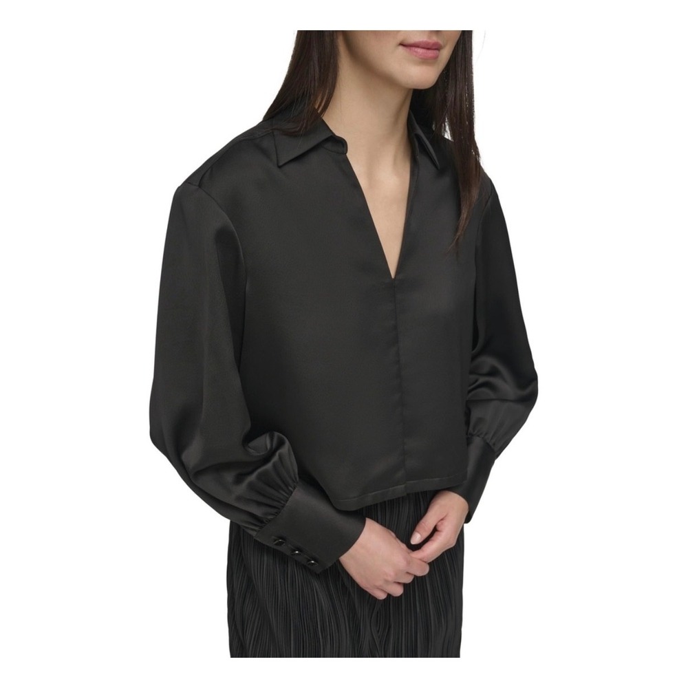 DKNY Black Satin Cropped‎ Bishop Sleeve Dressy Work Blouse Menswear Inspired Top - Picture 10 of 10